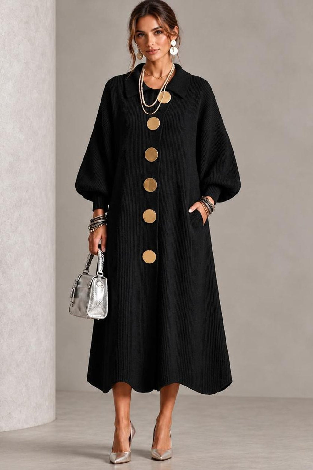 Ribbed Knit Lantern Sleeve Maxi Dress - 7