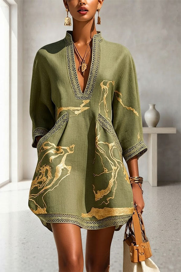 V-Neck Tunic Dress With Three-Quarter Sleeves - view 5