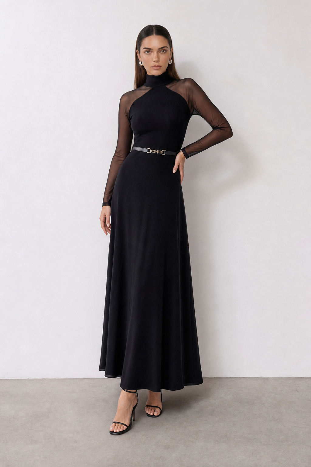 Black Jersey Belted Maxi Dress with Mesh Sleeves - view 2