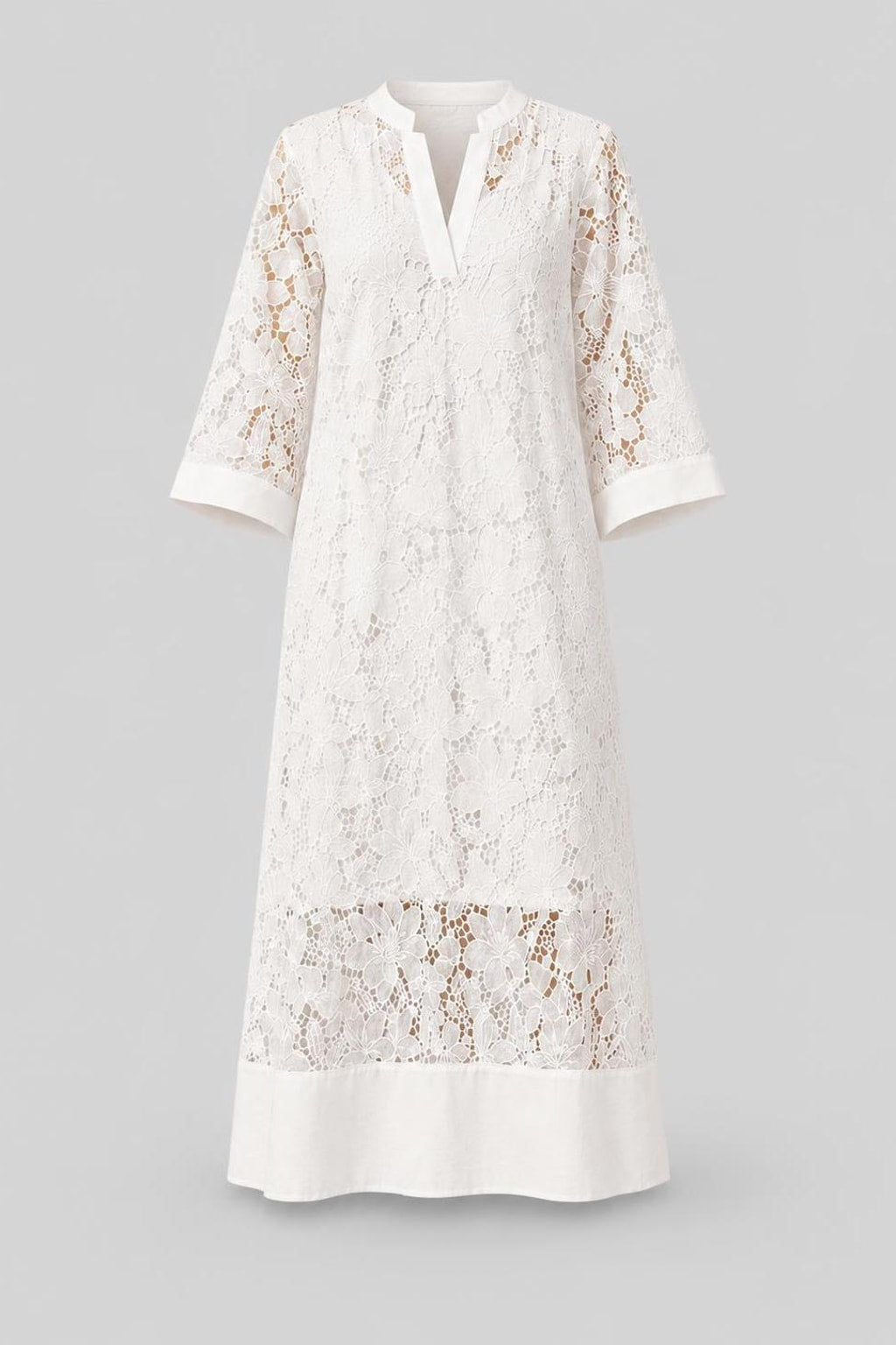 White Lace Midi Dress With Sheer Hem Panel - 1