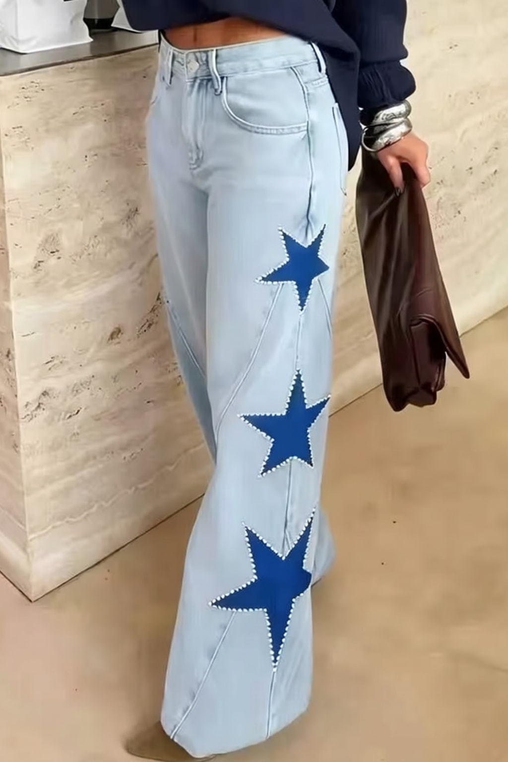 Denim Wide Leg Jeans With Side Star Pocket - 6