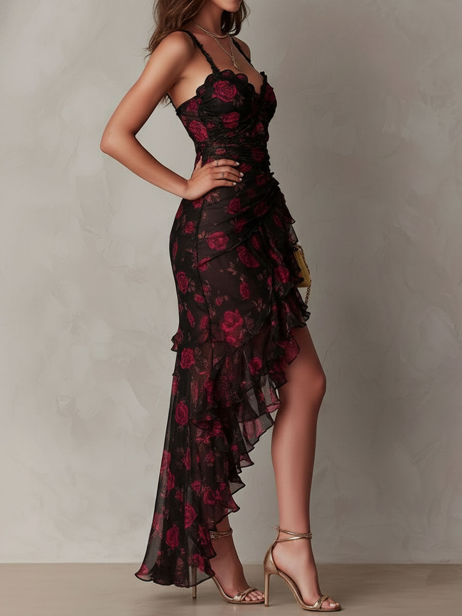 Black Floral Mesh Midi Dress with Ruffle Hem - view 5