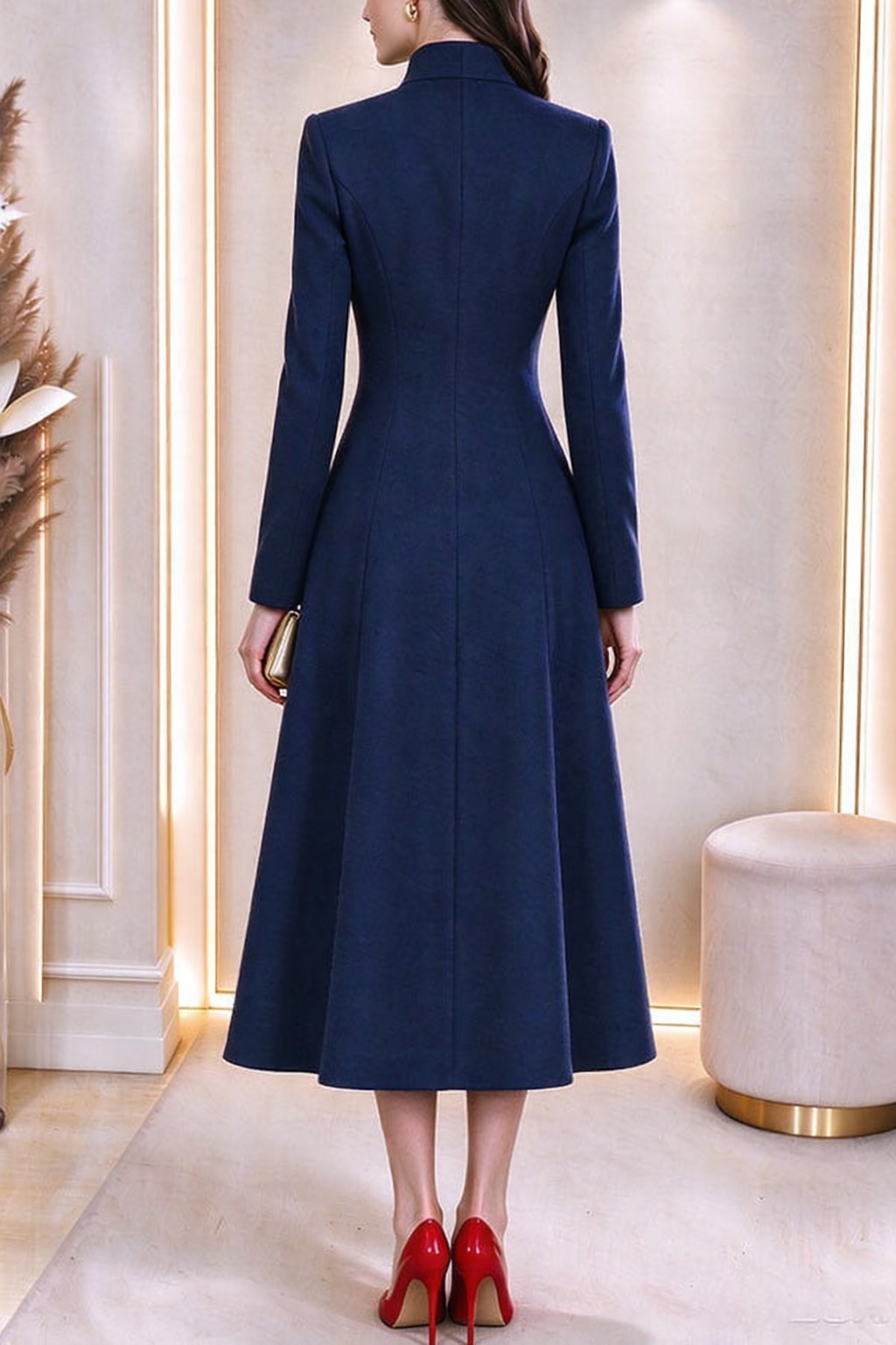 Polyester Midi Dress With Stand Collar And A-line Cut - 5