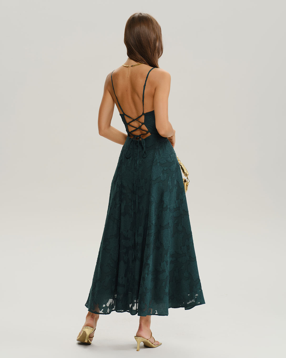 Green Jacquard Maxi Dress with Lace-Up Back - view 3