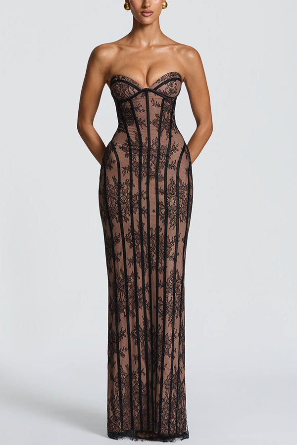 Floral Lace Strapless Maxi Dress with Side Slit - view 7