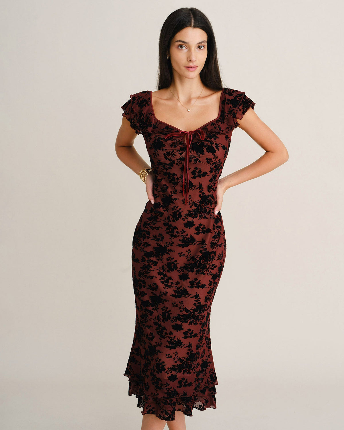 Wine Red Floral Ruffle Mermaid Midi Dress - view 5
