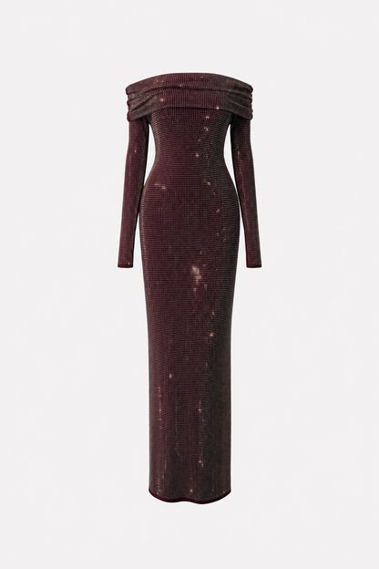 Burgundy rhinestone off-shoulder column maxi dress