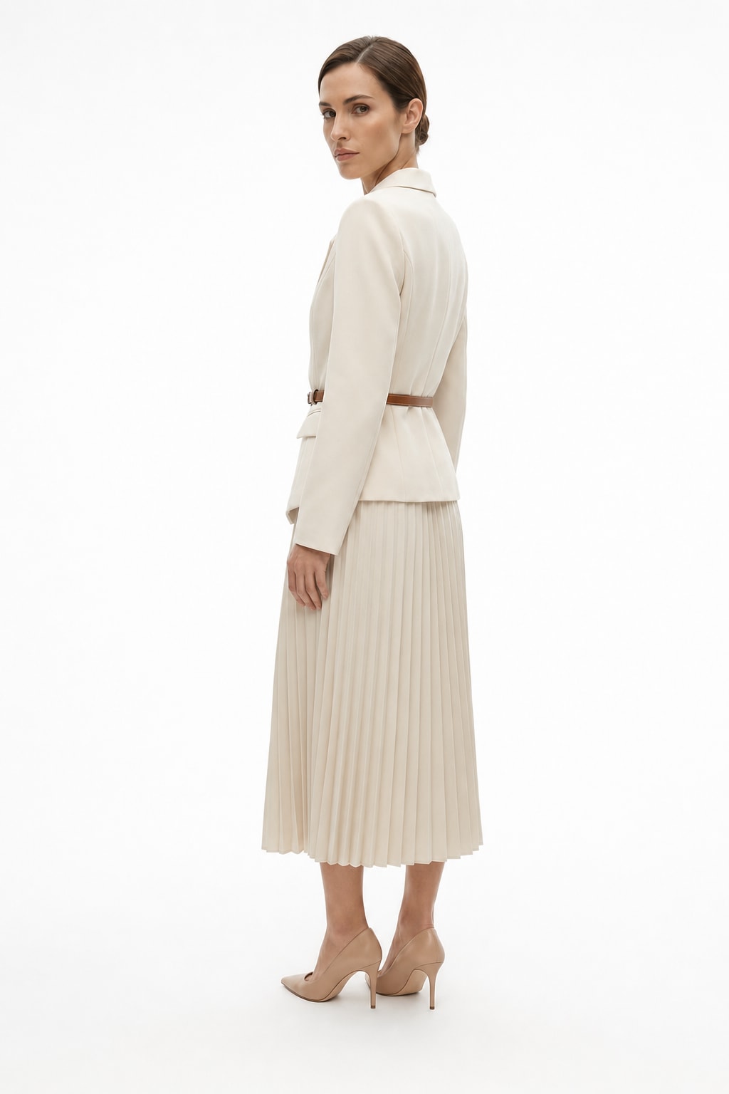 Woven Blazer & Patchwork Pleated Skirt Set - 4