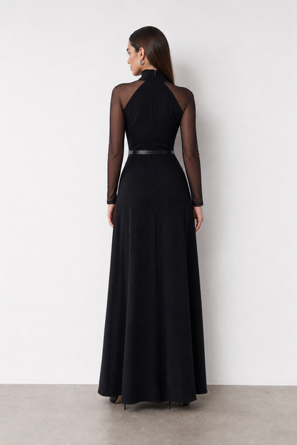 Black Jersey Belted Maxi Dress with Mesh Sleeves - view 4
