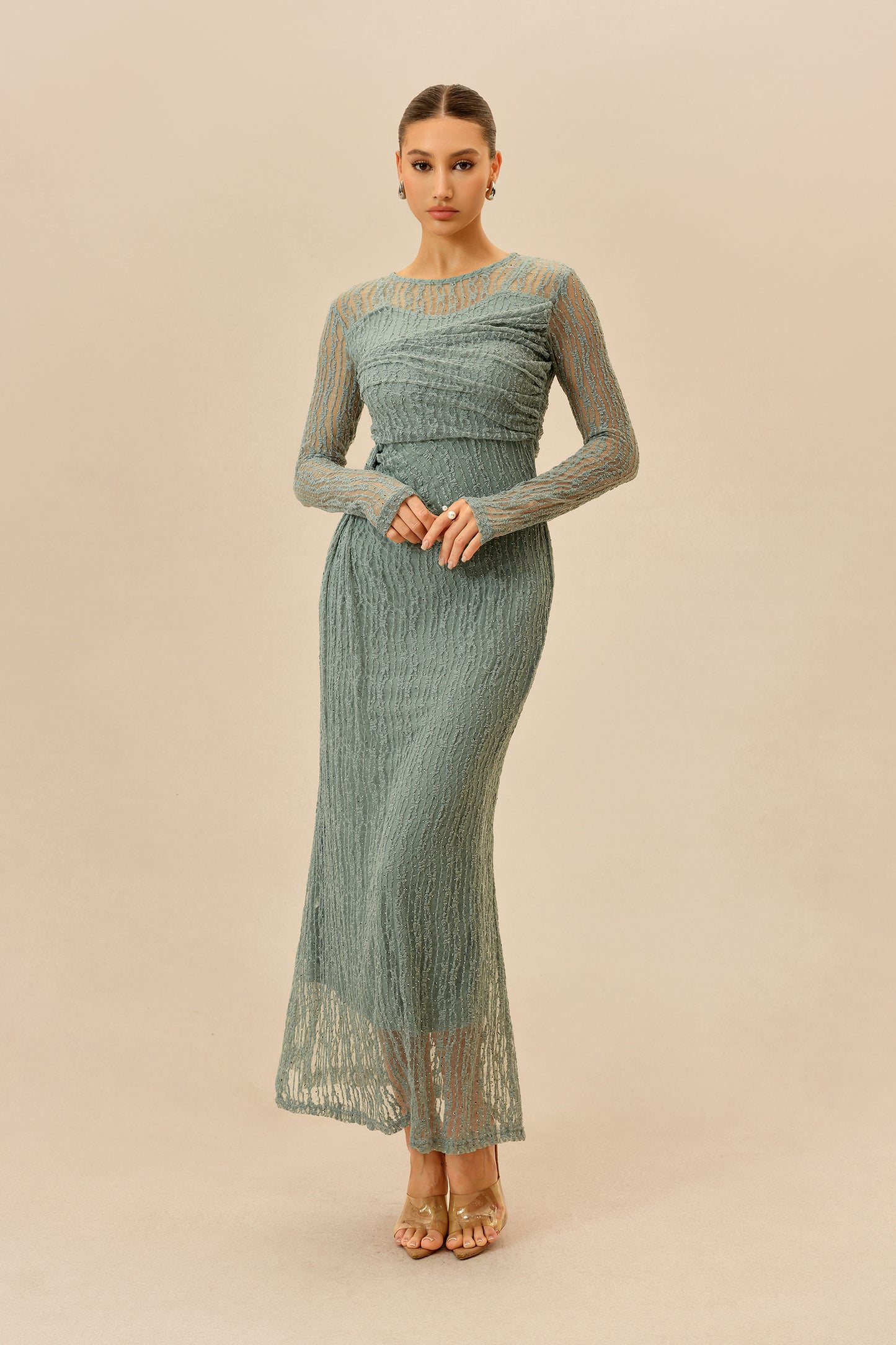 Mint rhinestone mesh maxi dress with sheer sleeves - view 2
