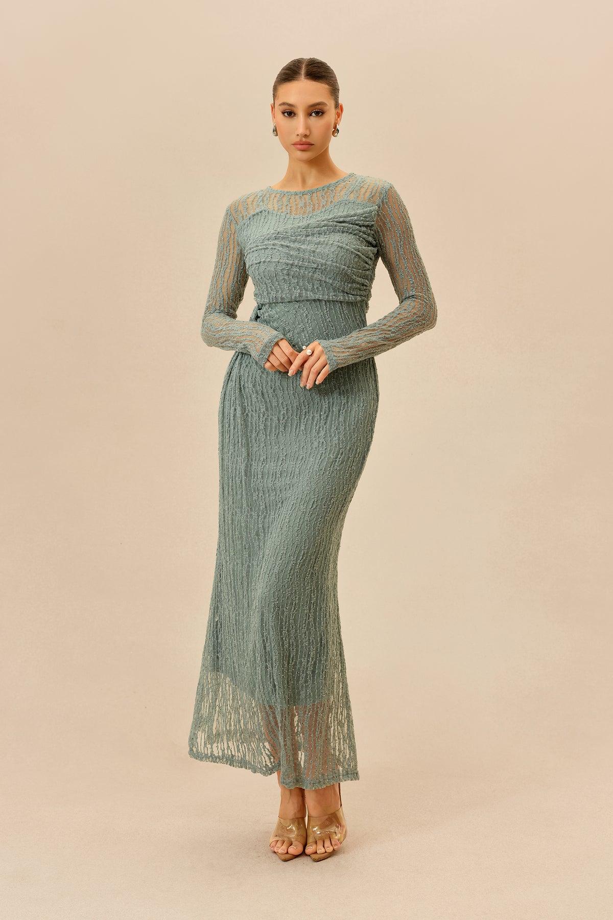 Rhinestone Mesh Maxi Dress With Sheer Sleeves For Evening - 2