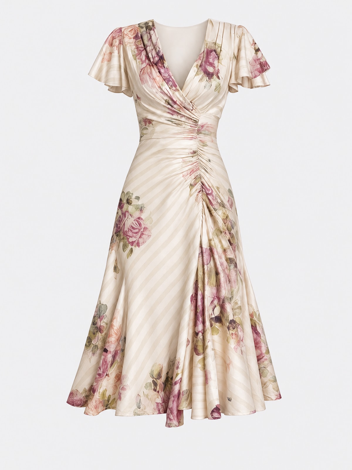 Effortless Floral Wrap Midi Dress With Ruched Waist - 1