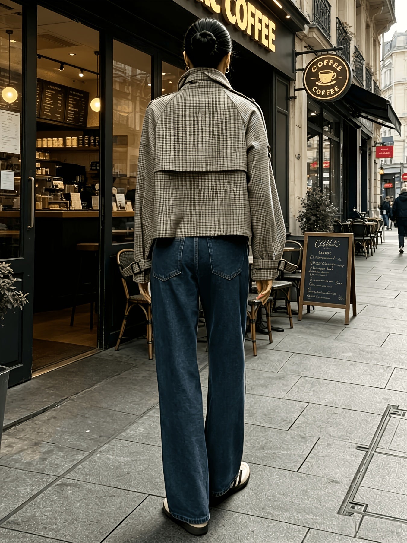 Khaki Houndstooth Cropped Jacket, Stand Collar - view 8
