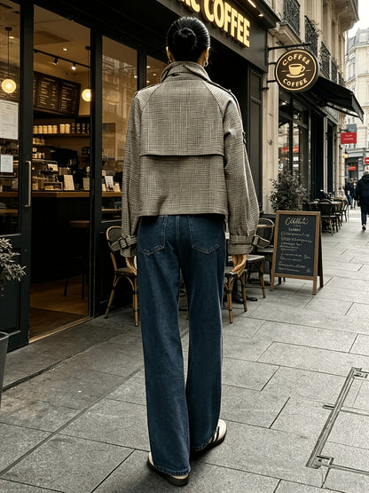 Khaki Houndstooth Cropped Jacket, Stand Collar - view 8