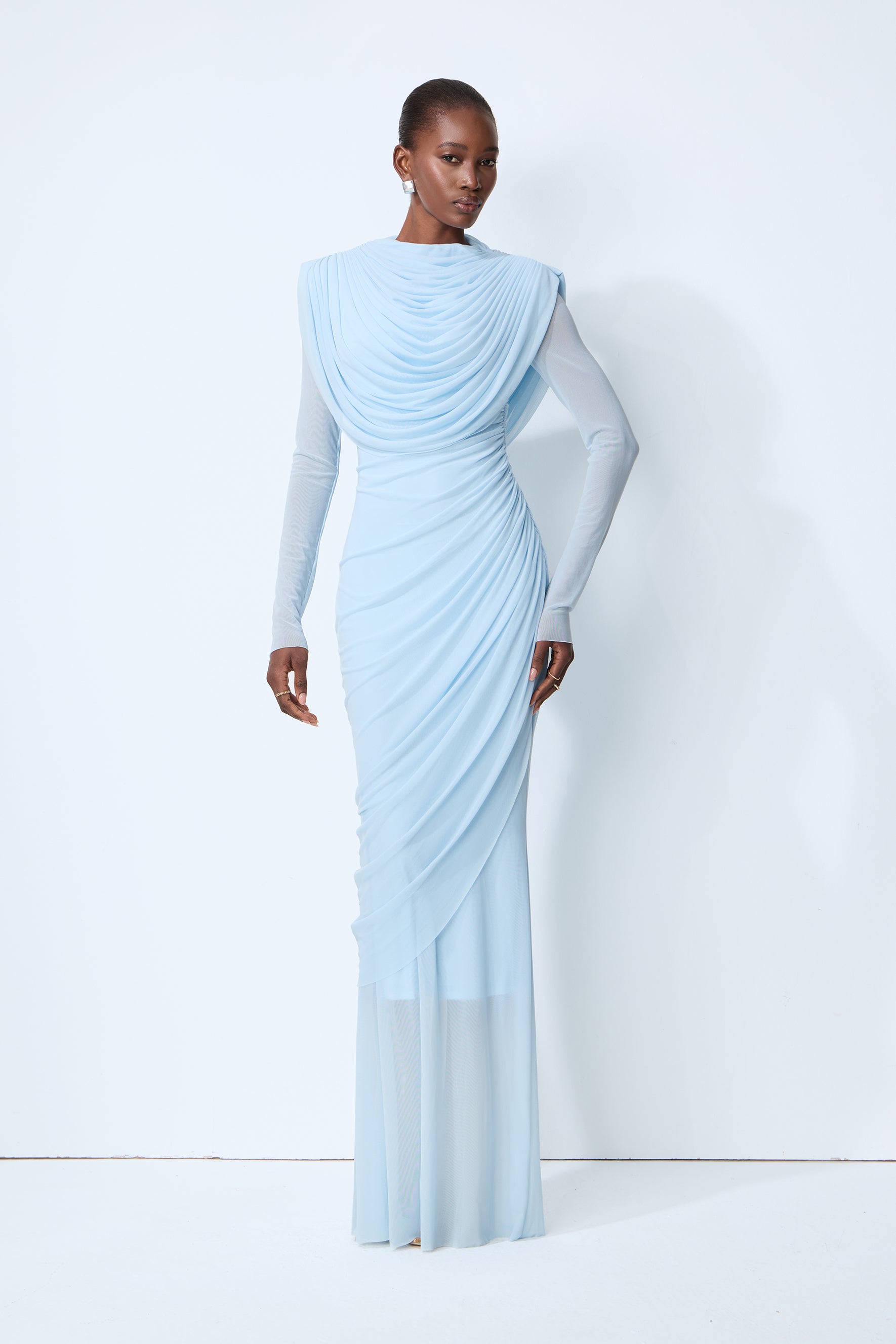 Blue mesh cowl neck long sleeve maxi dress - view 2