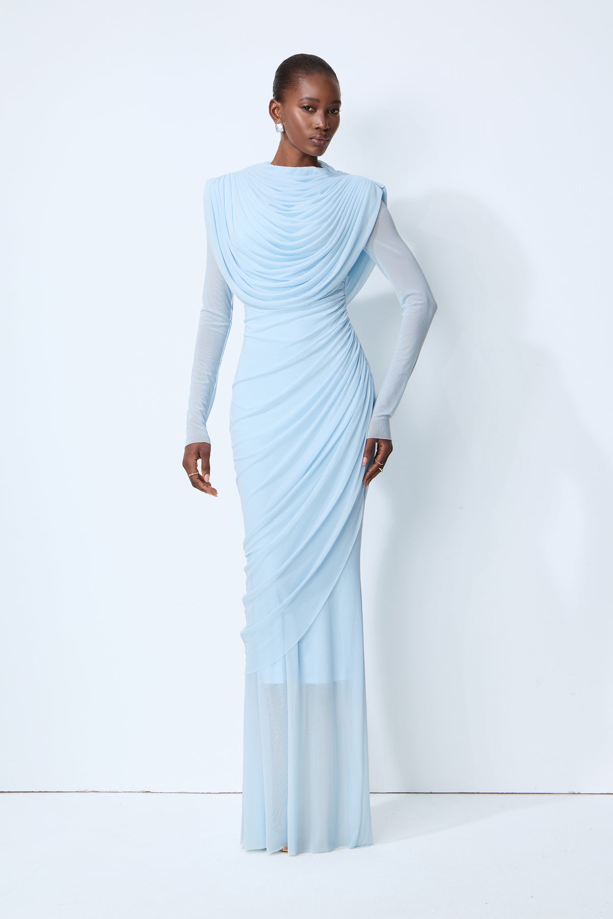 Terylene Mesh Long Sleeve Cowl Neck Maxi Dress - 2
