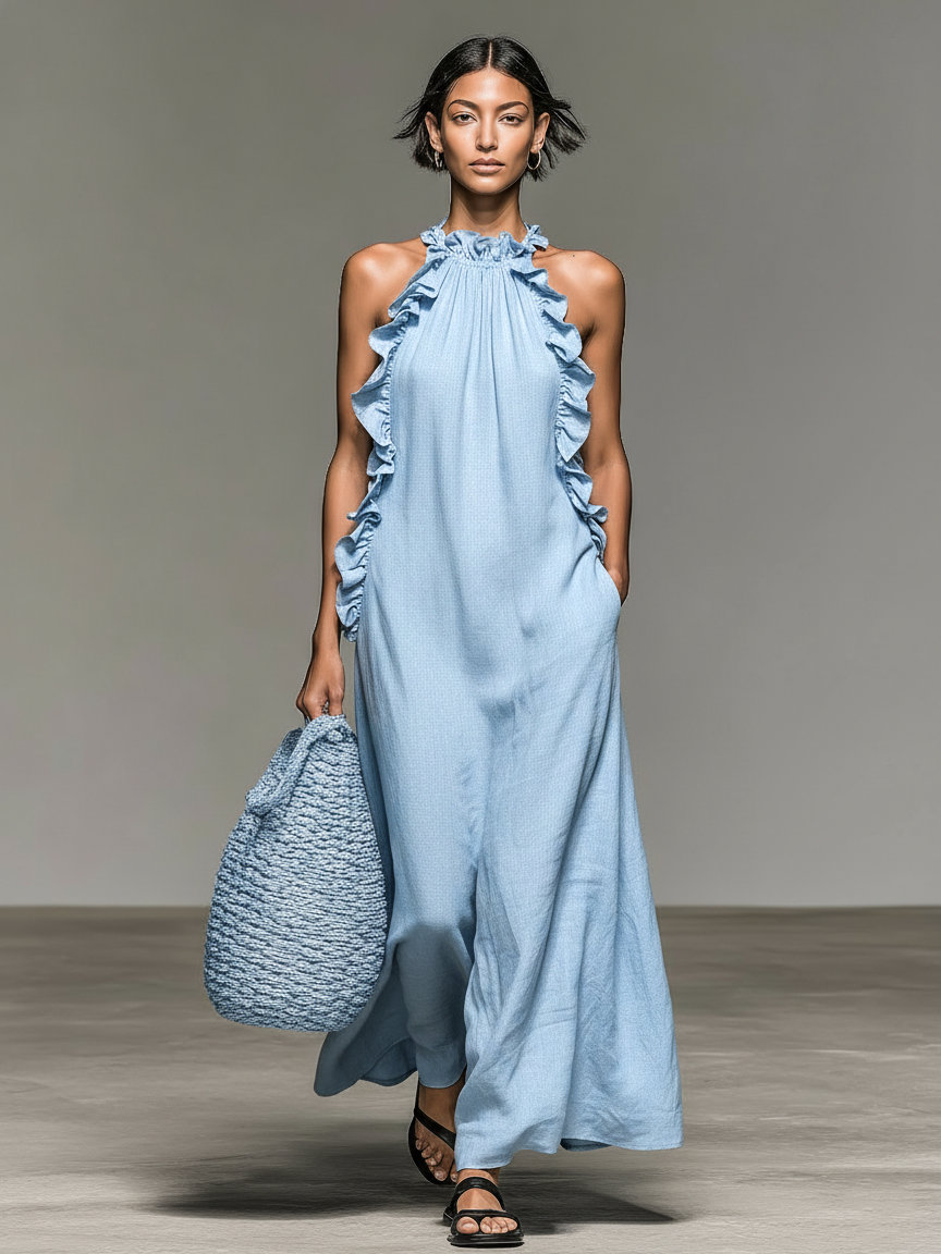 Sleeveless Maxi Dress with Ruffle Trim and Pockets - view 7