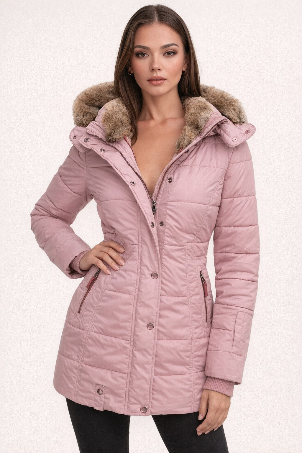 Quilted Women's Parka Coat With Faux Fur Hood - 5
