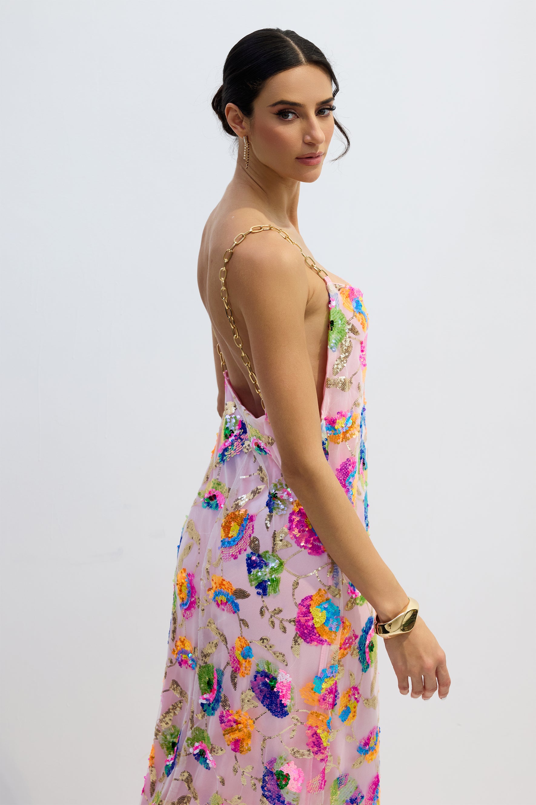 Pink sequin backless maxi dress with shoulder chain - view 5