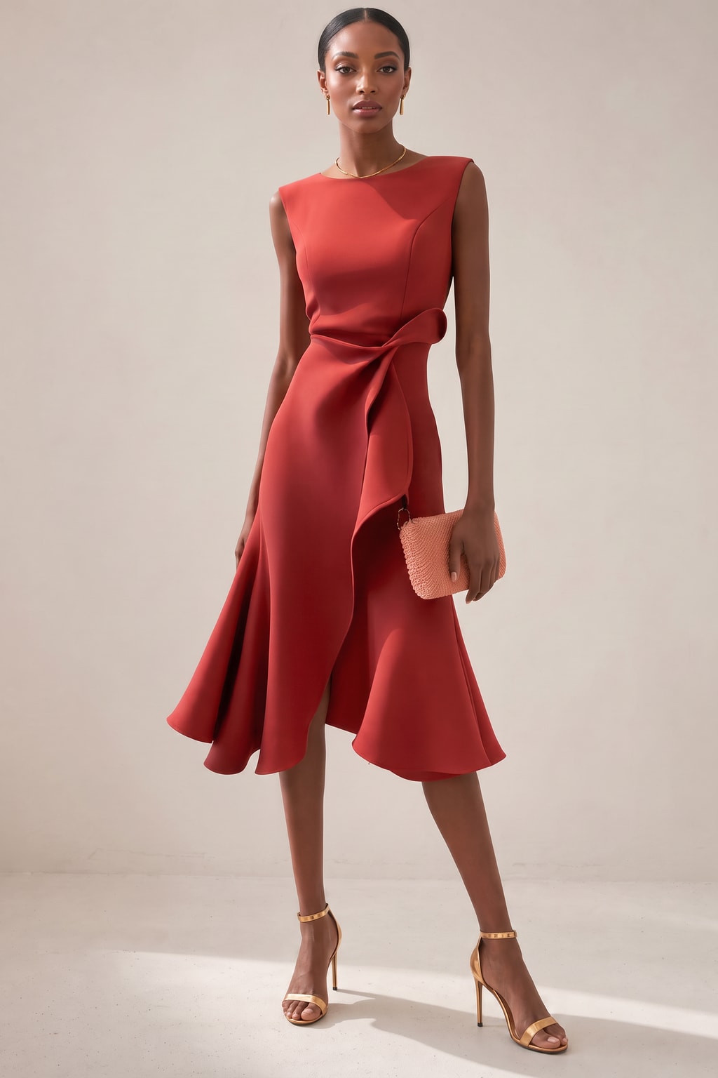 Satin Midi Dress With Asymmetric Draped Detail - 2