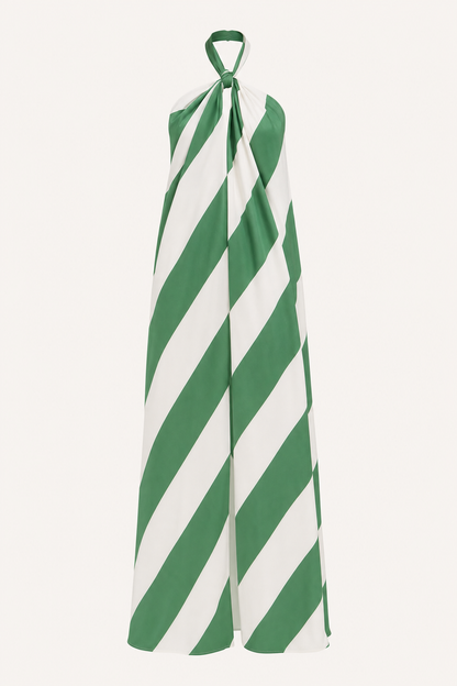 Green striped halter tie-up maxi dress with pockets