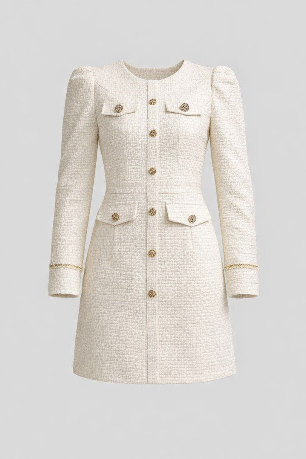 Tailored Tweed Mini Dress with Long Sleeves - 1