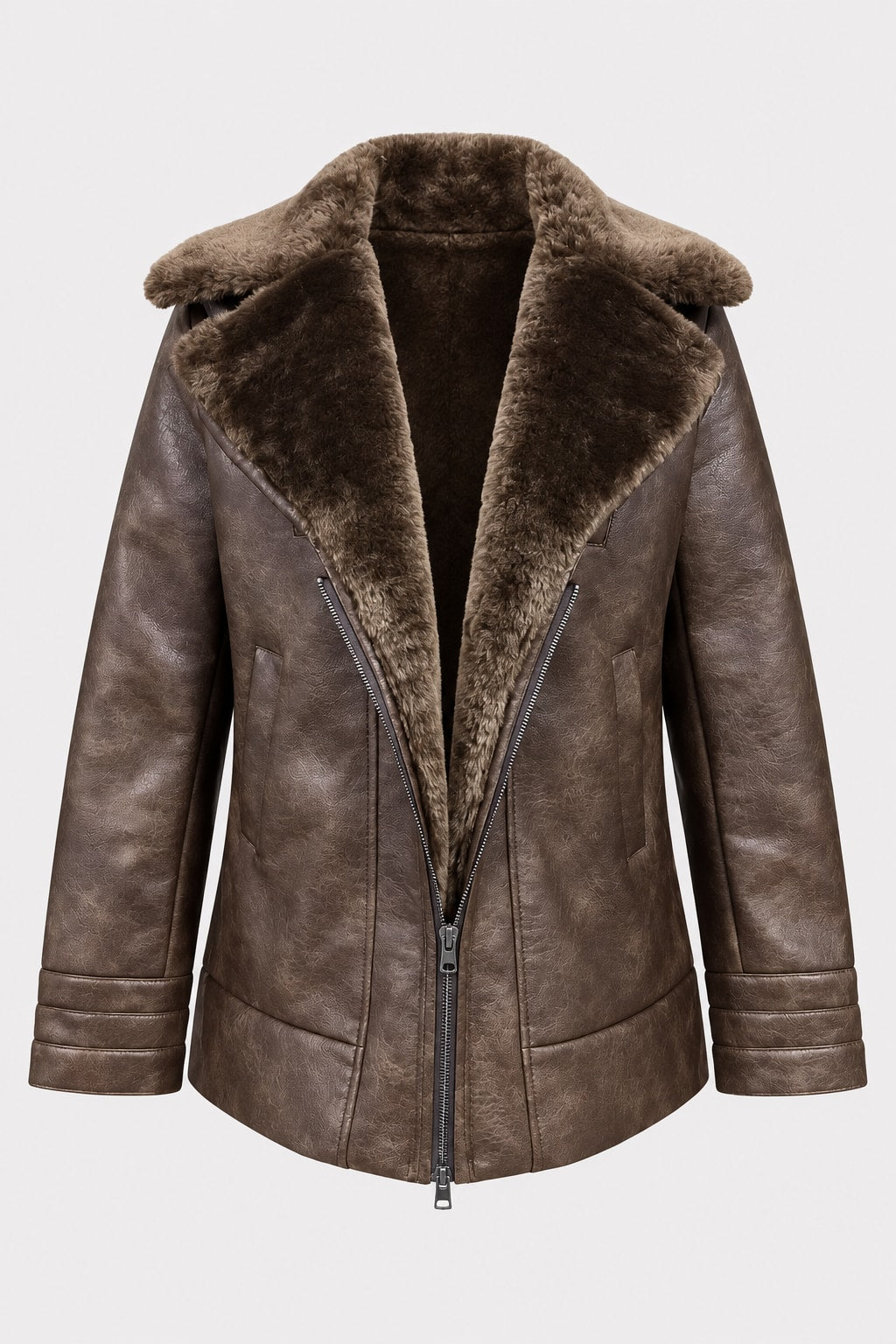 Faux Leather Jacket Furry Collar Slim Fit Coat - 1