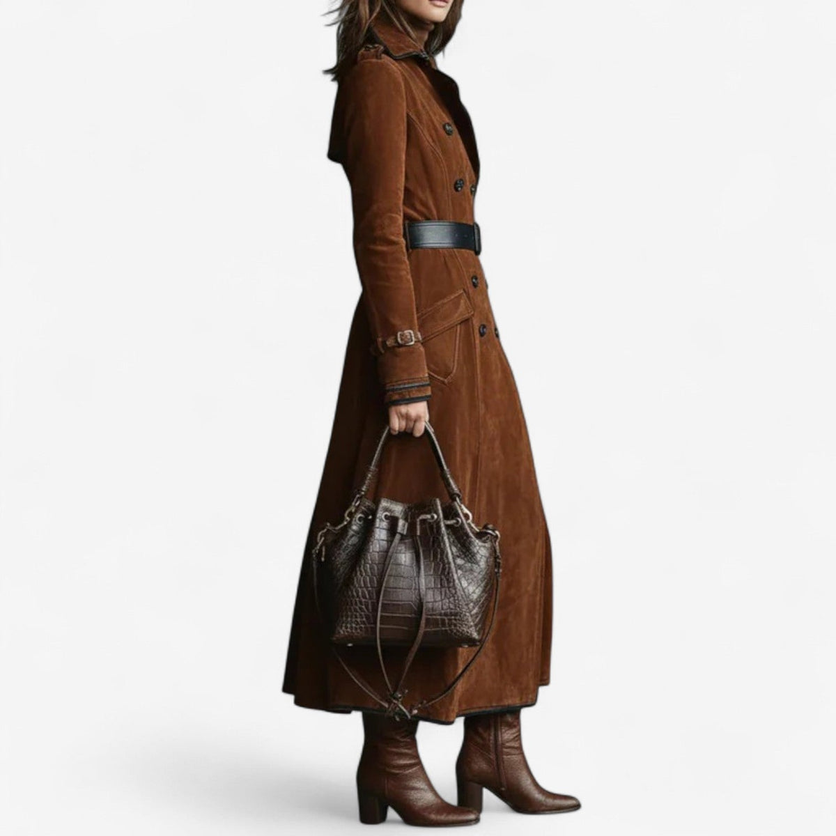 Faux Suede Double-Breasted Long Trench Coat - view 5