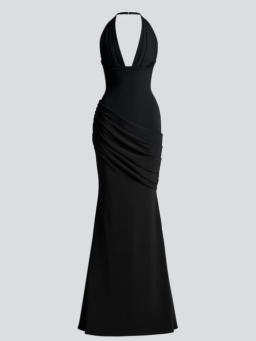 Crepe Halter Maxi Dress with Lace-Up Back