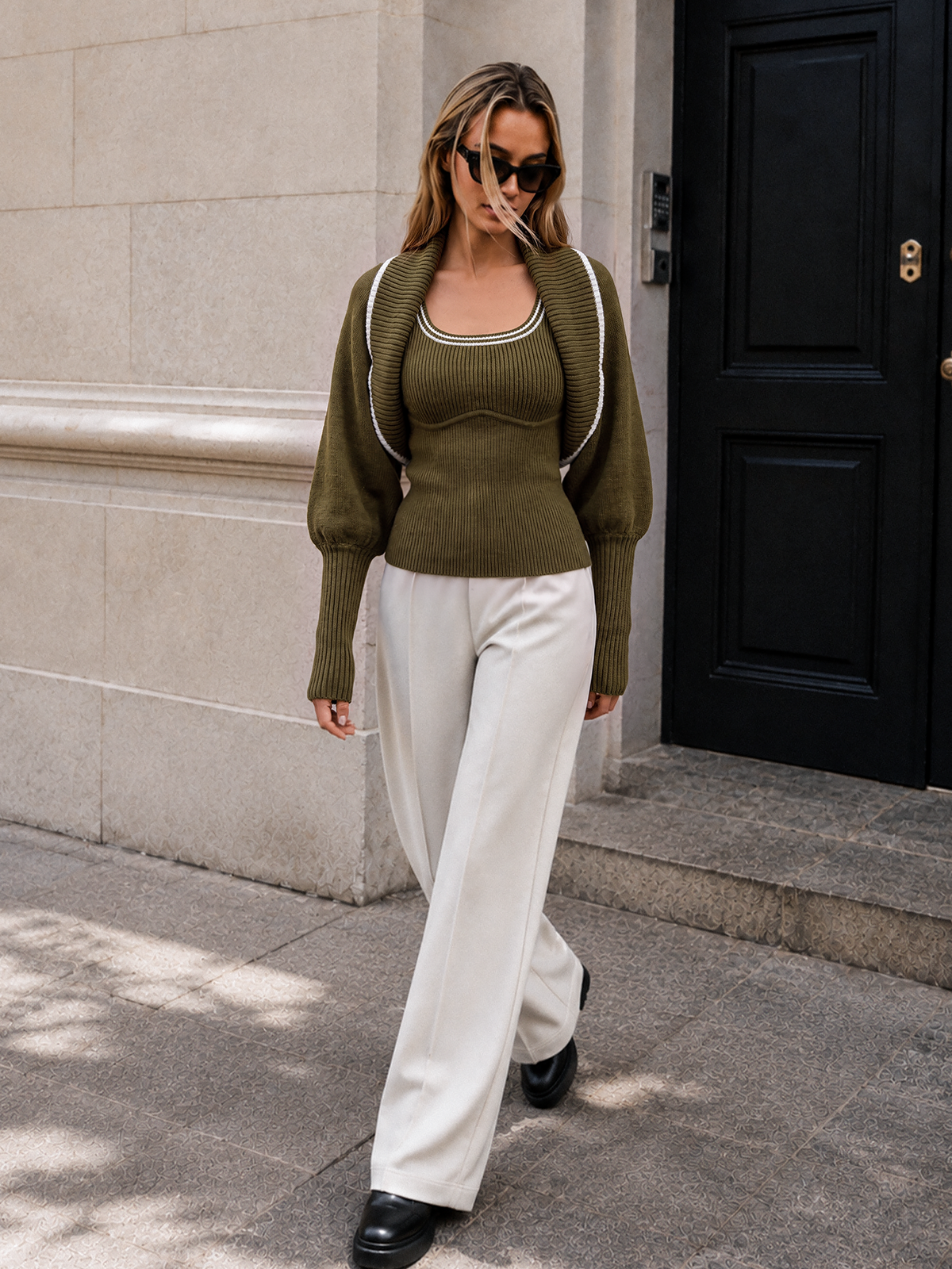 Olive wool blend shrug and tank top set - view 3