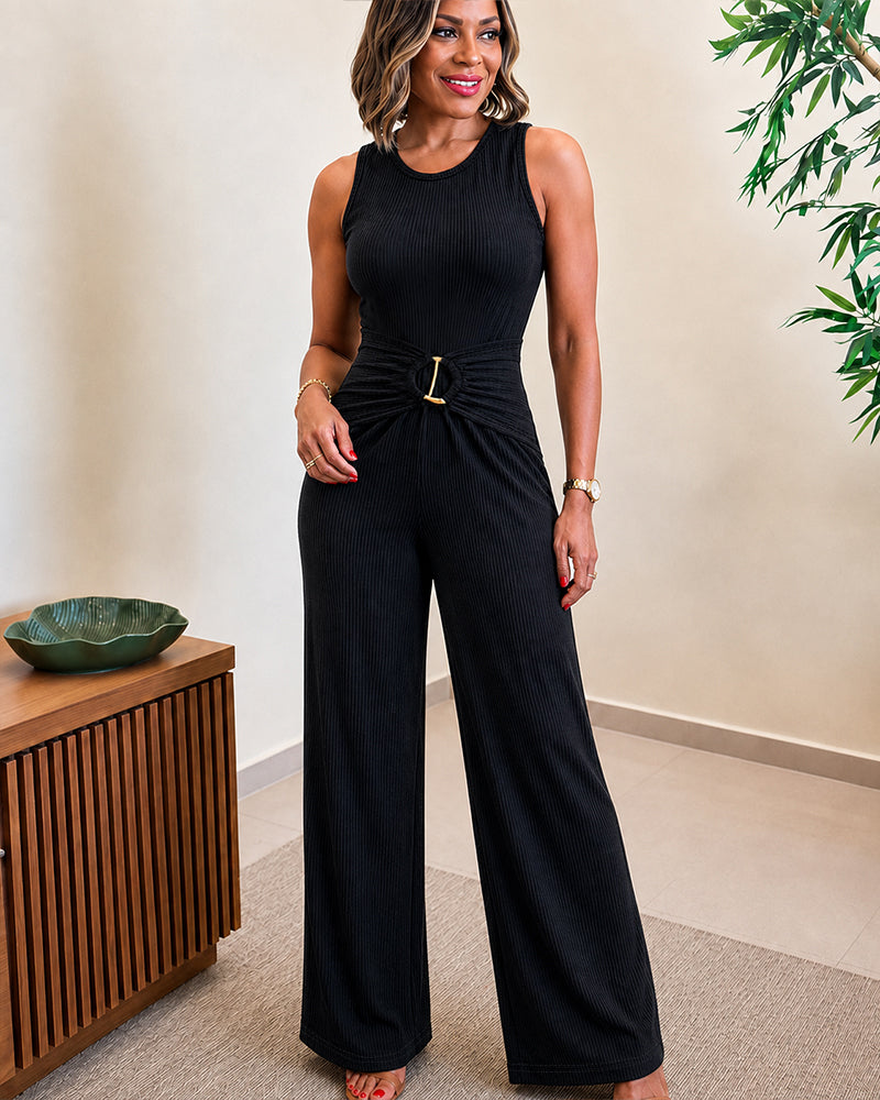 Black ribbed wide-leg jumpsuit with gold ring waist - view 2