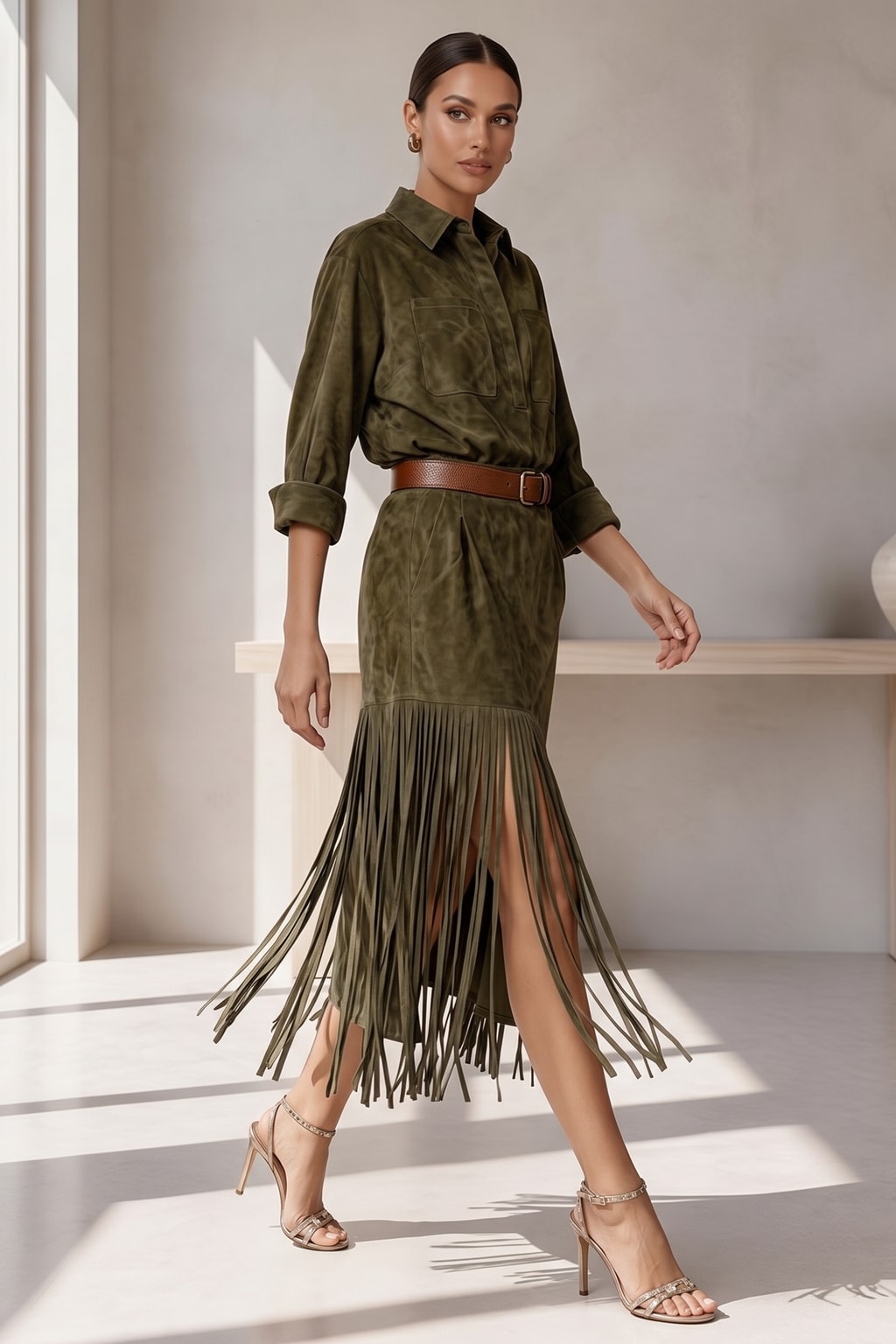 Faux Suede Midi Shirt Dress With Fringed Hem - 3