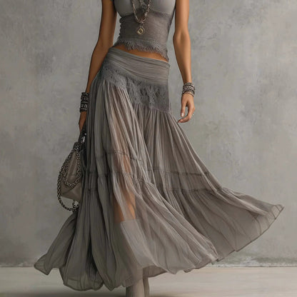 Lace Panel Top and Pleated Maxi Skirt Set - view 4