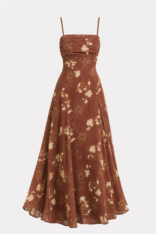 Red floral chiffon maxi dress with square neckline