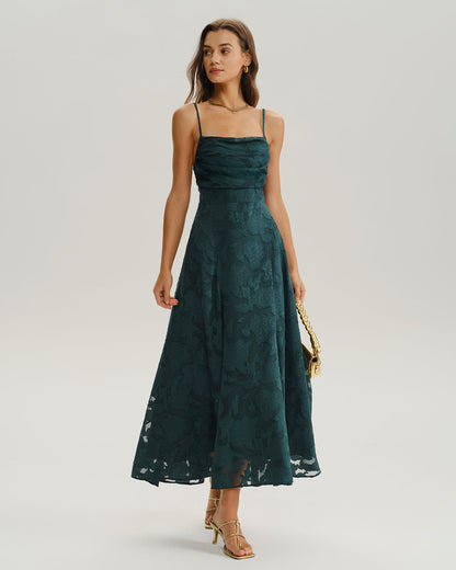 Green Jacquard Maxi Dress with Lace-Up Back - view 2