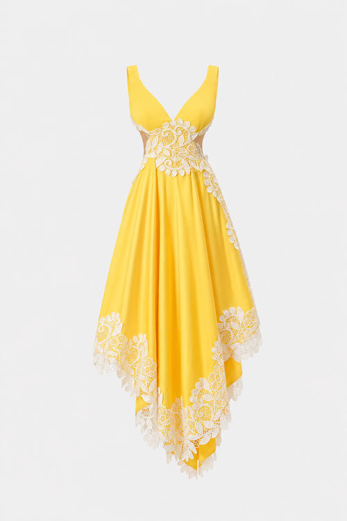 Yellow lace maxi dress with open-back bow