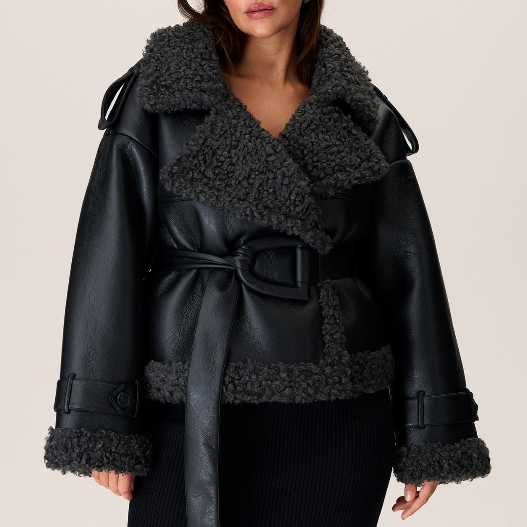 Shearling coat with adjustable waist belt - view 5