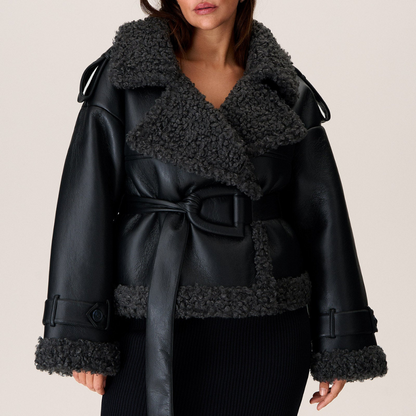 Shearling coat with adjustable waist belt - view 5