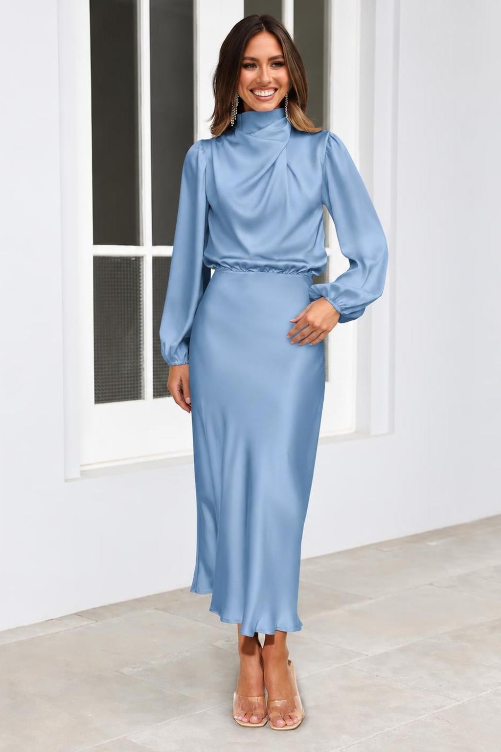Satin High-Neck Midi Dress - 10