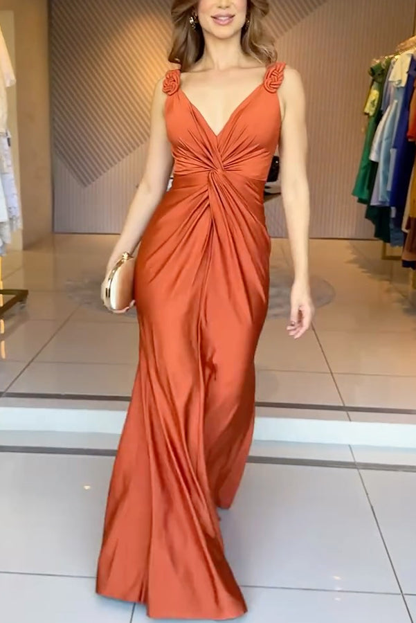 Satin knot-shoulder maxi dress with side slit - view 4