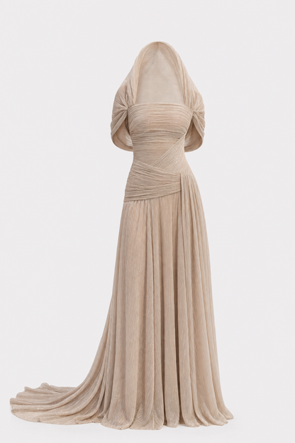 Khaki strapless pleated maxi dress with cowl back