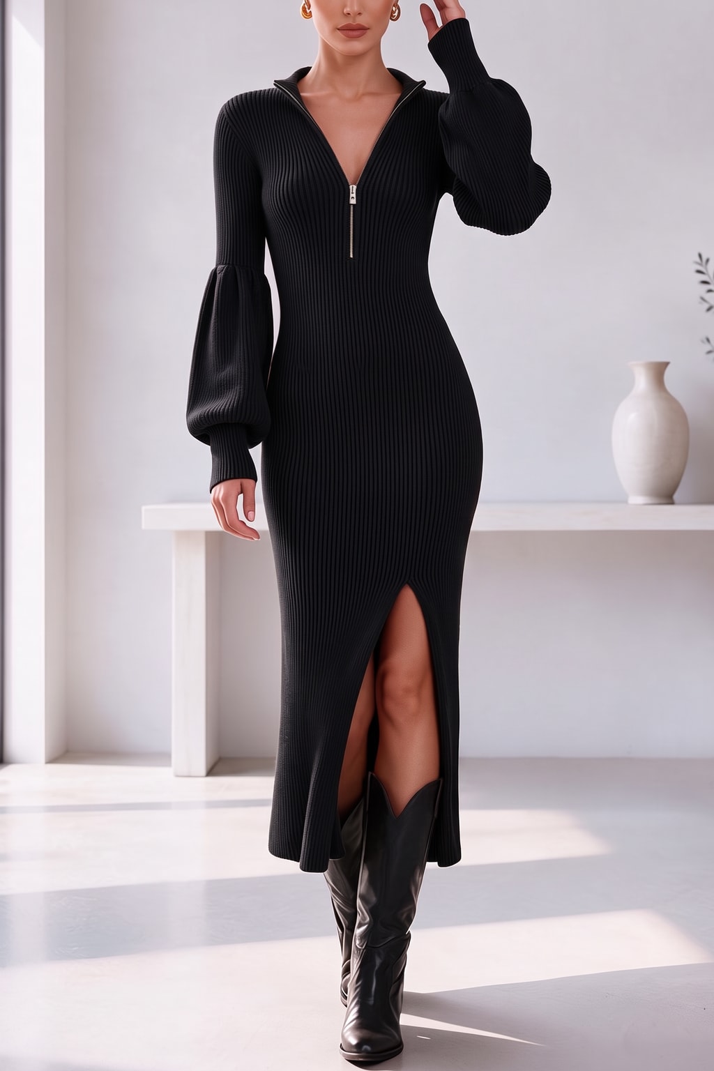 Ribbed Knit Midi Dress With Lantern Sleeves - 8