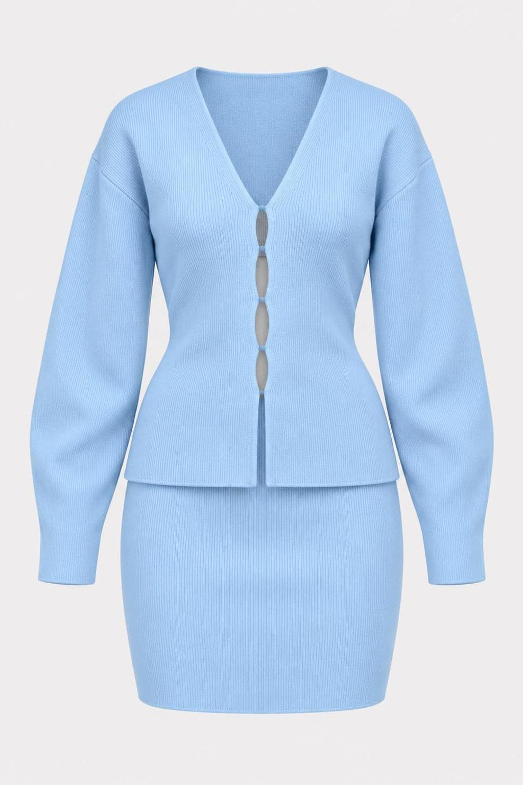 Polyester Knit V-Neck Cardigan Mini Skirt Set - 1