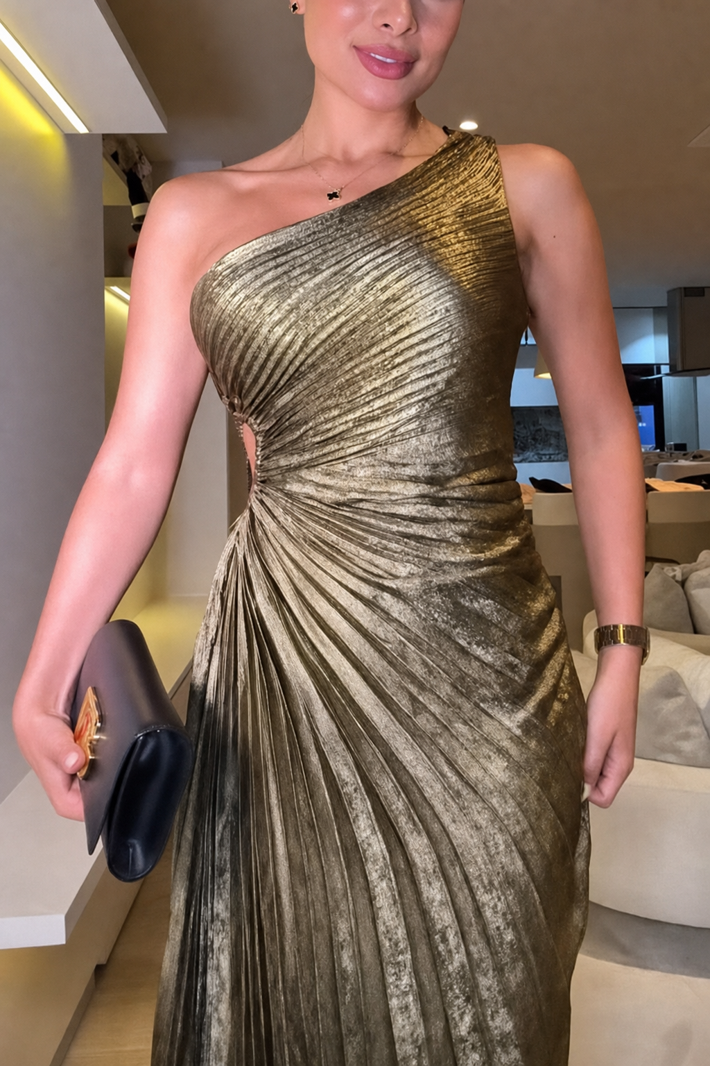 Metallic Gold One-Shoulder Pleated Maxi Dress - view 5