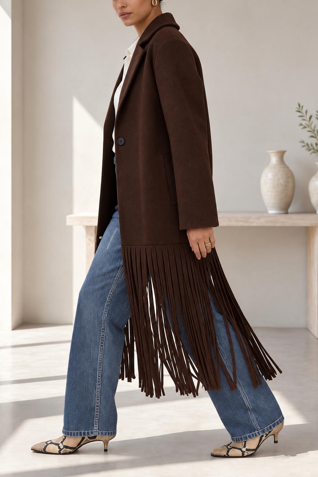 Wool Blend Midi Coat With Tassel Trim Lapel - 4