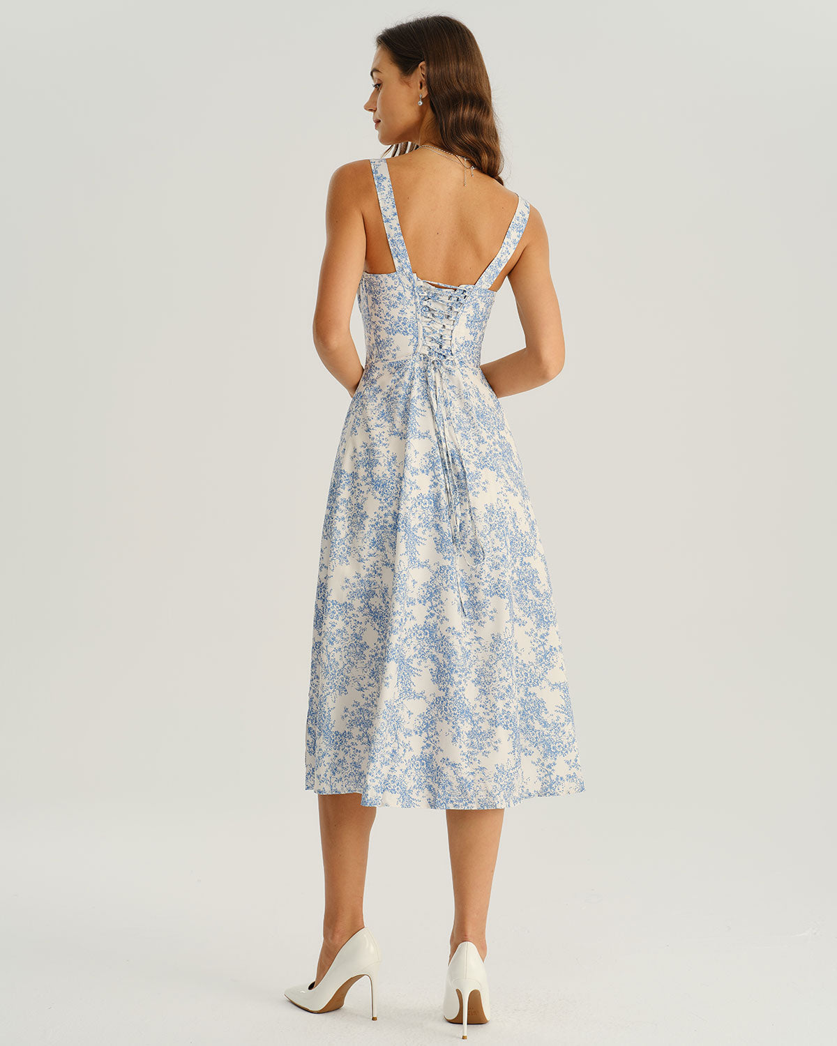 Blue Floral Slip Midi Dress with Side Slit - view 4