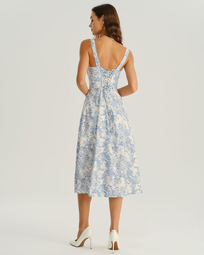Blue Floral Slip Midi Dress with Side Slit - view 4