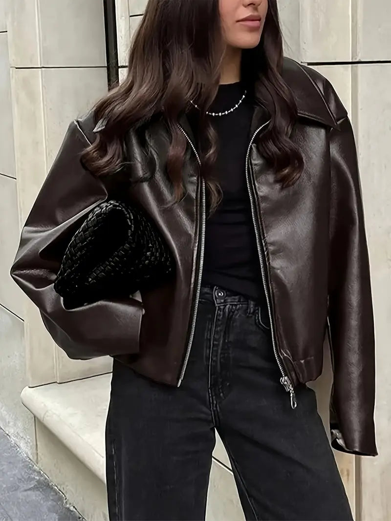 Oversized Cropped Faux Leather Jacket - view 15
