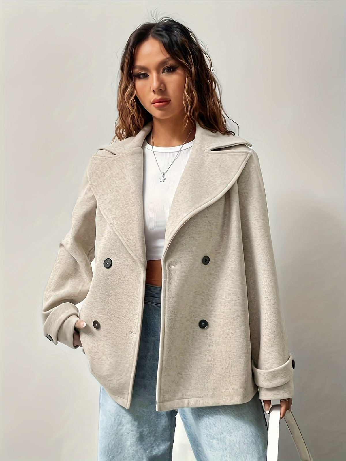 Beige wool blend pea coat with notched collar - view 4