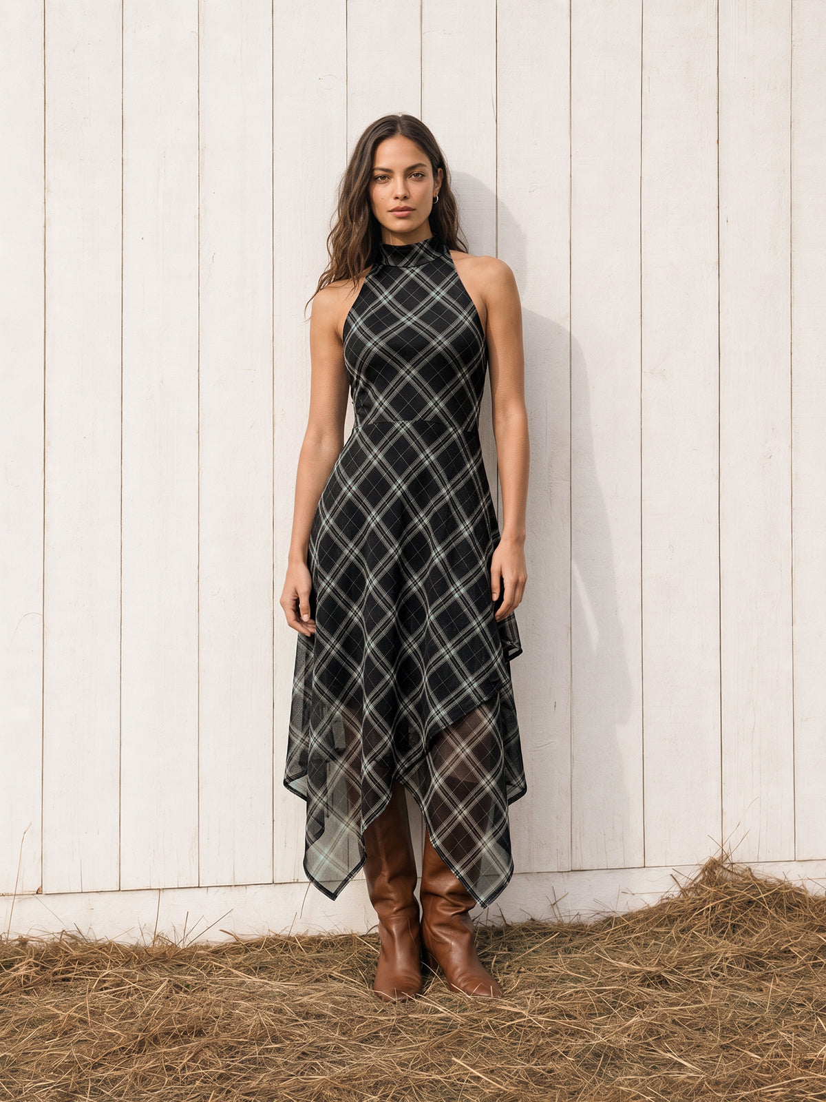 Plaid Jersey Halter Maxi Dress - view 5